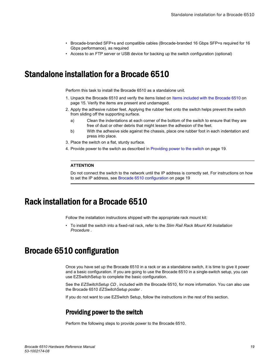 Standalone installation for a brocade 6510, Rack installation for a brocade 6510, Brocade 6510 configuration | Providing power to the switch | Brocade 6510 Hardware Reference Manual User Manual | Page 19 / 62