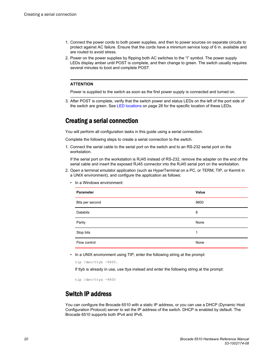 Creating a serial connection, Switch ip address, Creating a serial connection switch ip address | Brocade 6510 Hardware Reference Manual User Manual | Page 20 / 62