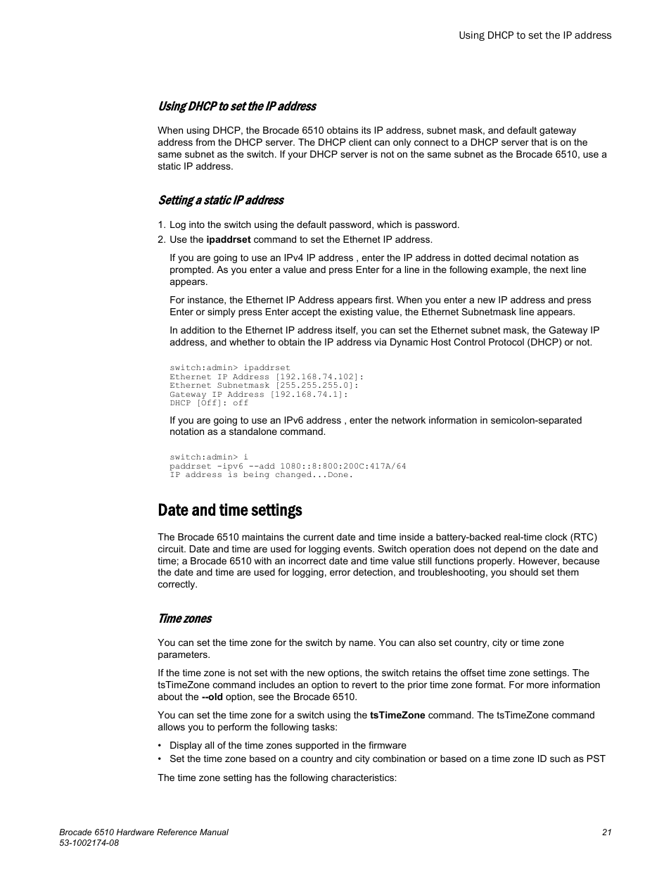 Using dhcp to set the ip address, Setting a static ip address, Date and time settings | Time zones | Brocade 6510 Hardware Reference Manual User Manual | Page 21 / 62