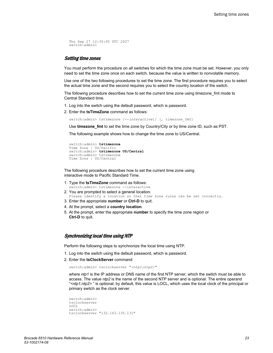 Setting time zones, Synchronizing local time using ntp | Brocade 6510 Hardware Reference Manual User Manual | Page 23 / 62