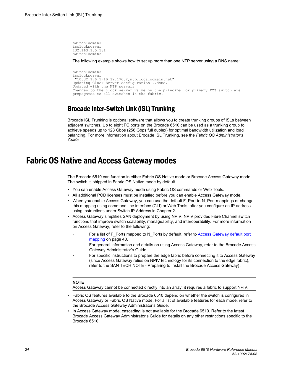 Brocade inter-switch link (isl) trunking, Fabric os native and access gateway modes | Brocade 6510 Hardware Reference Manual User Manual | Page 24 / 62