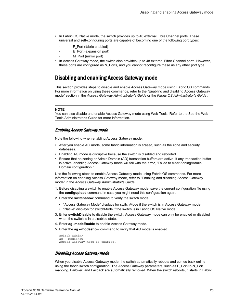 Disabling and enabling access gateway mode, Enabling access gateway mode, Disabling access gateway mode | Brocade 6510 Hardware Reference Manual User Manual | Page 25 / 62