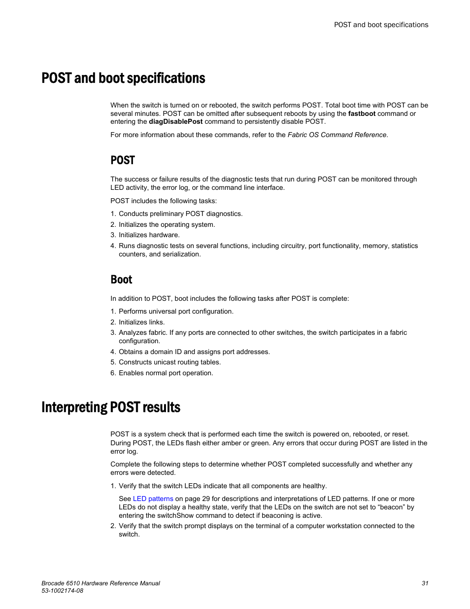 Post and boot specifications, Post, Boot | Interpreting post results, Post boot | Brocade 6510 Hardware Reference Manual User Manual | Page 31 / 62