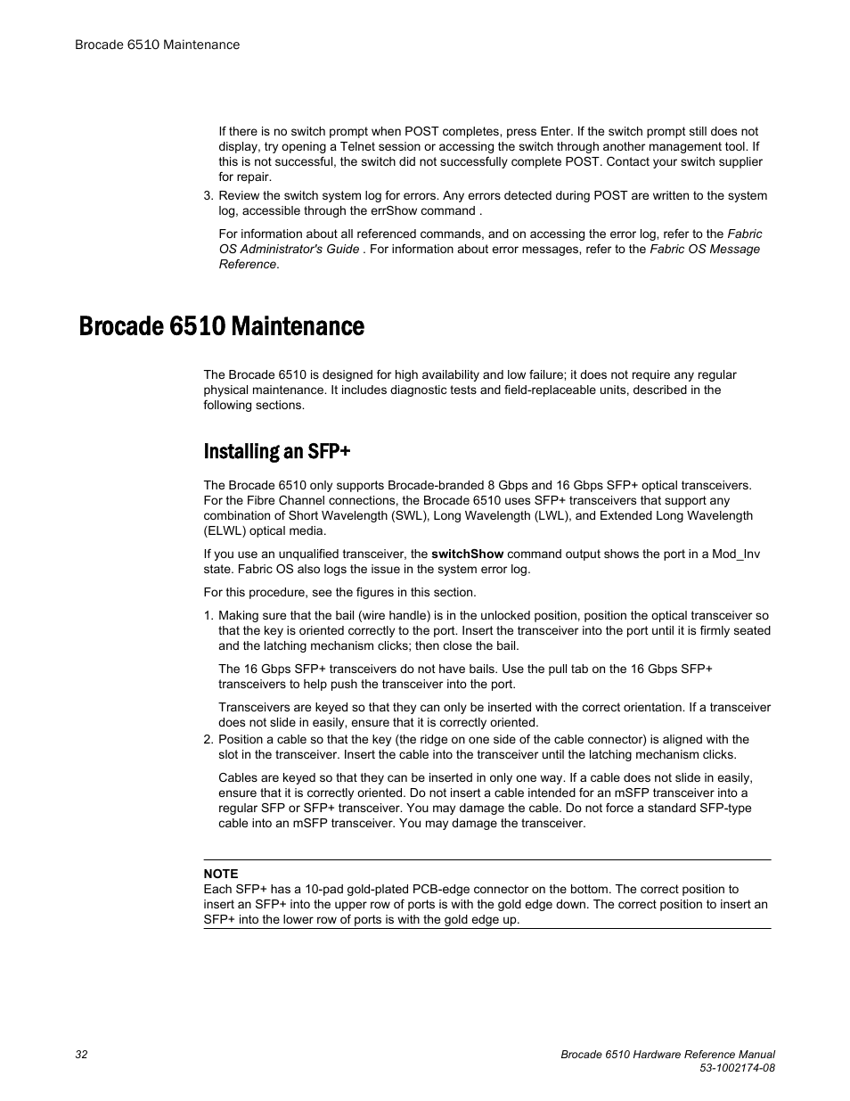 Brocade 6510 maintenance, Installing an sfp | Brocade 6510 Hardware Reference Manual User Manual | Page 32 / 62