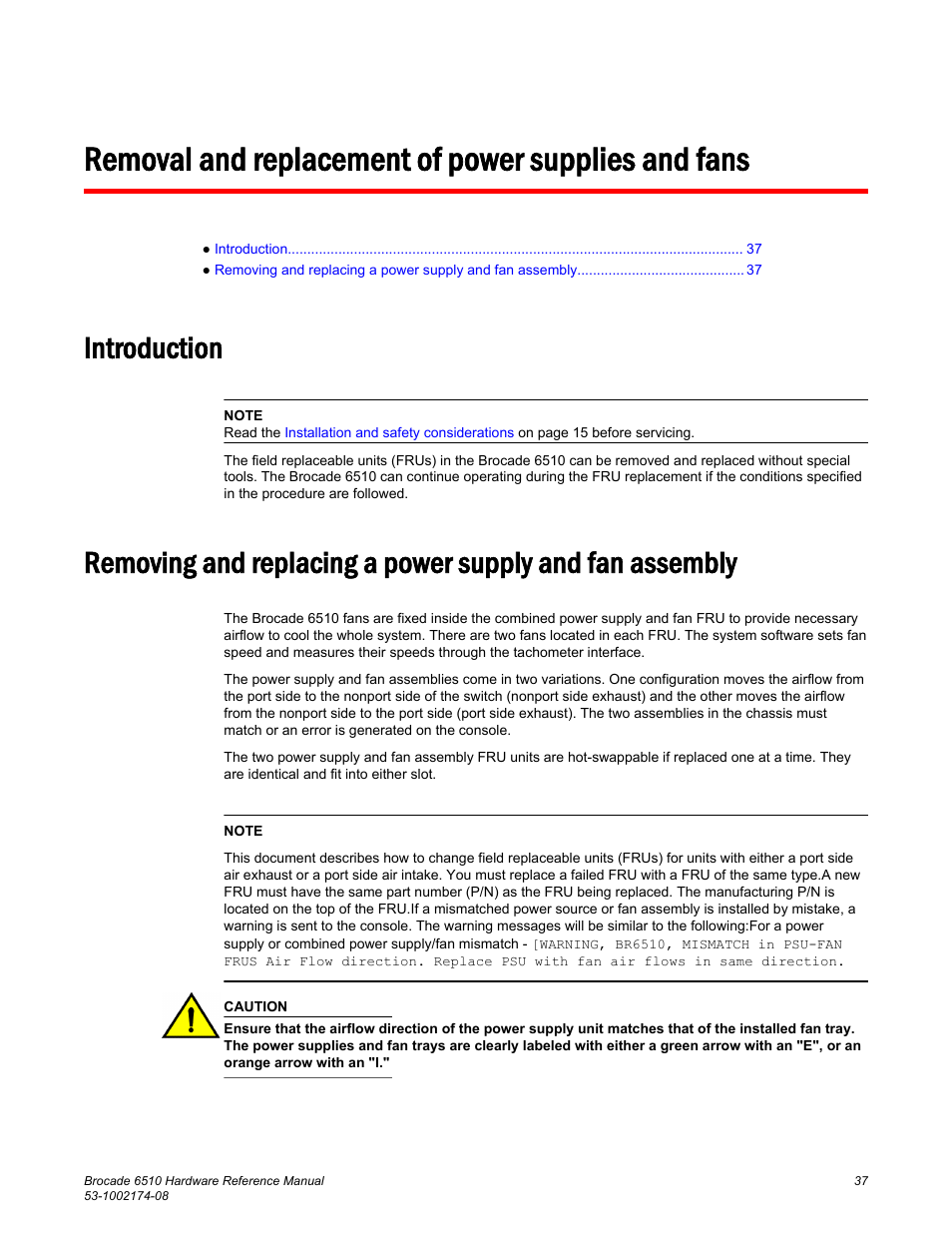 Removal and replacement of power supplies and fans, Introduction | Brocade 6510 Hardware Reference Manual User Manual | Page 37 / 62