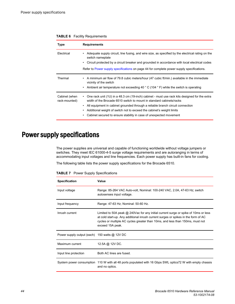 Power supply specifications | Brocade 6510 Hardware Reference Manual User Manual | Page 44 / 62