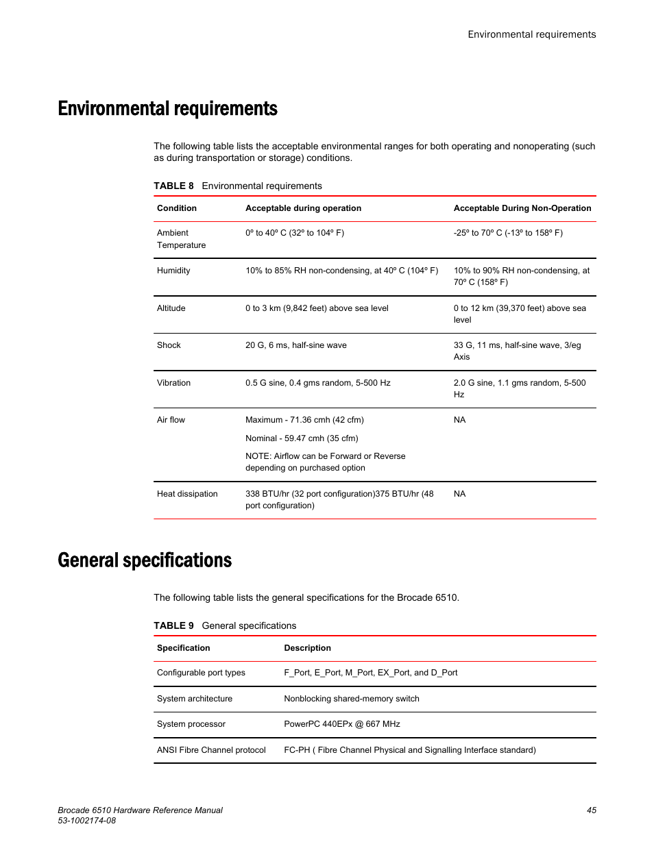 Environmental requirements, General specifications, Environmental requirements general specifications | Brocade 6510 Hardware Reference Manual User Manual | Page 45 / 62