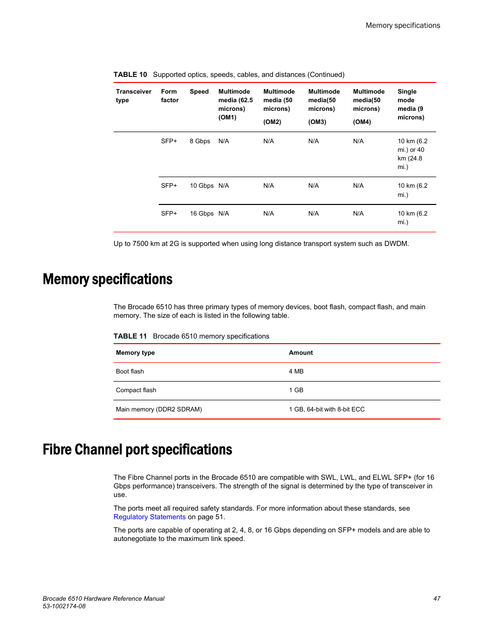Memory specifications, Fibre channel port specifications | Brocade 6510 Hardware Reference Manual User Manual | Page 47 / 62
