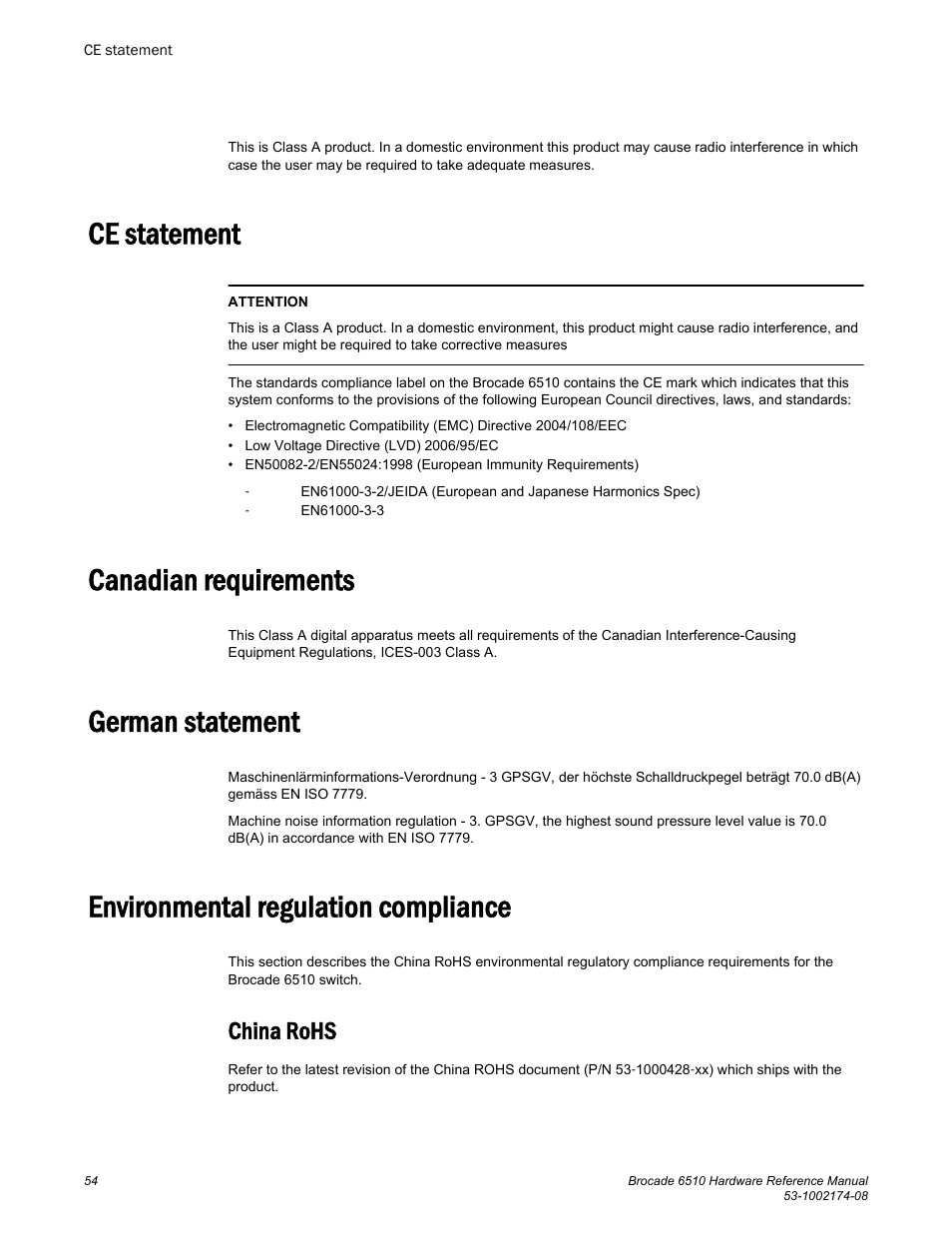 Ce statement, Canadian requirements, German statement | Environmental regulation compliance, China rohs | Brocade 6510 Hardware Reference Manual User Manual | Page 54 / 62