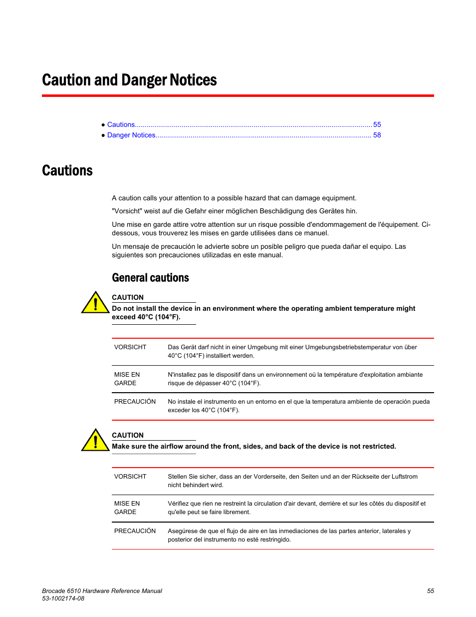 Caution and danger notices, Cautions, General cautions | Brocade 6510 Hardware Reference Manual User Manual | Page 55 / 62