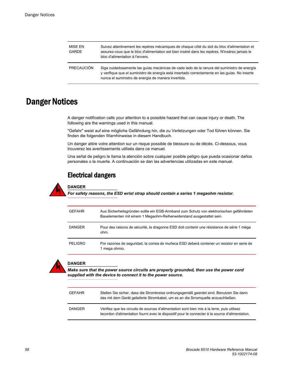 Danger notices, Electrical dangers | Brocade 6510 Hardware Reference Manual User Manual | Page 58 / 62