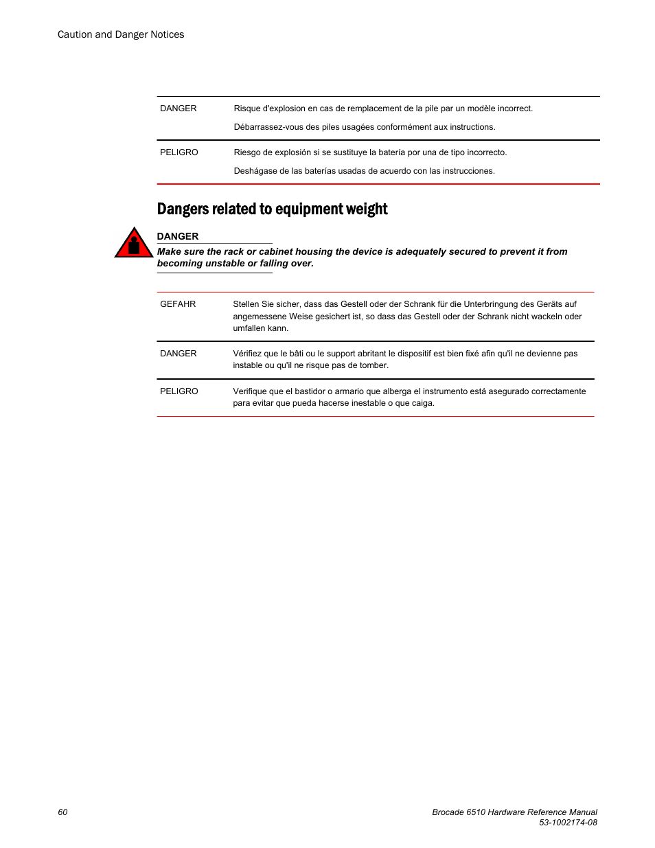 Dangers related to equipment weight | Brocade 6510 Hardware Reference Manual User Manual | Page 60 / 62