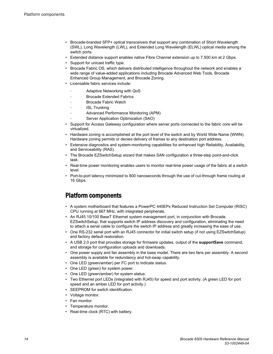 Platform components | Brocade 6505 Hardware Reference Manual User Manual | Page 14 / 66