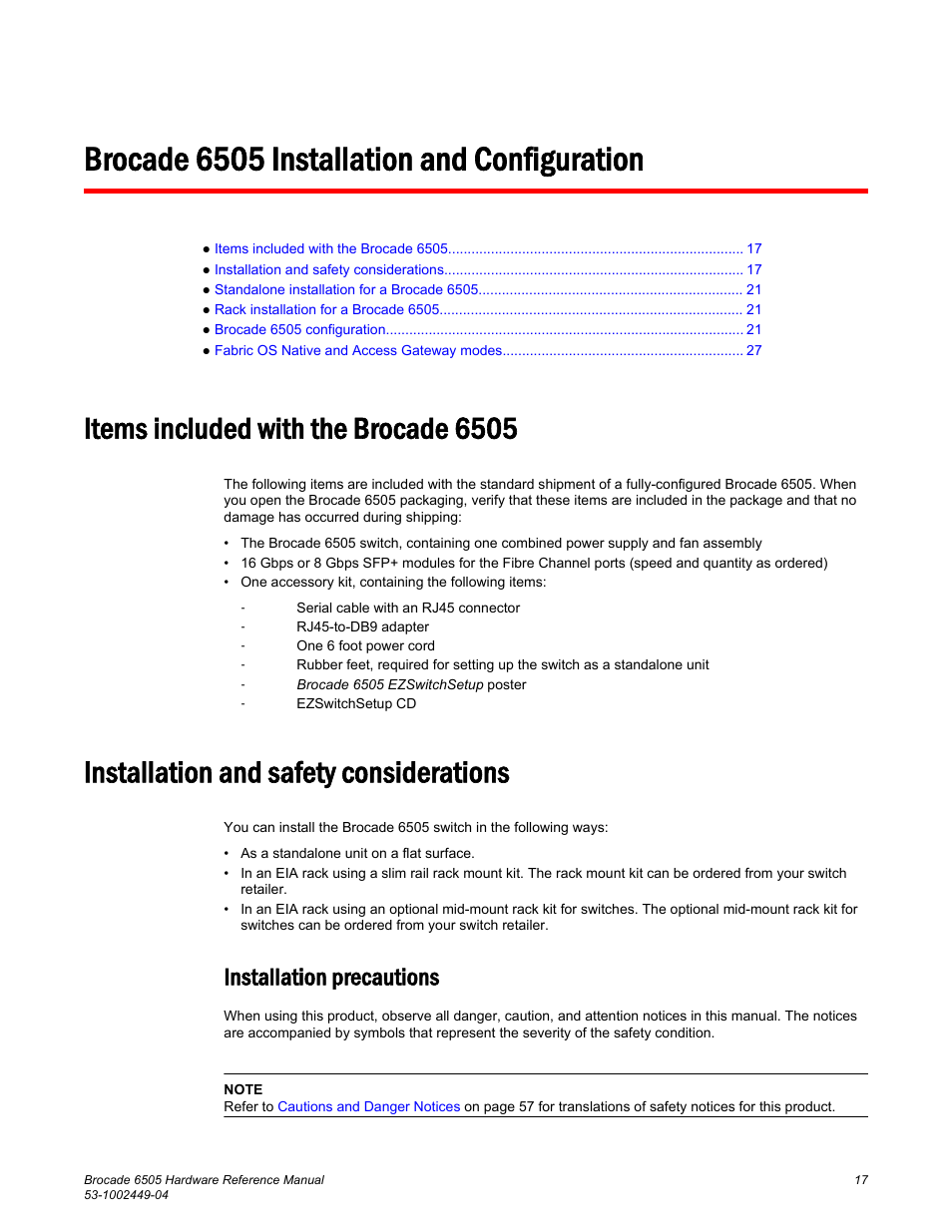 Brocade 6505 installation and configuration, Items included with the brocade 6505, Installation and safety considerations | Installation precautions | Brocade 6505 Hardware Reference Manual User Manual | Page 17 / 66
