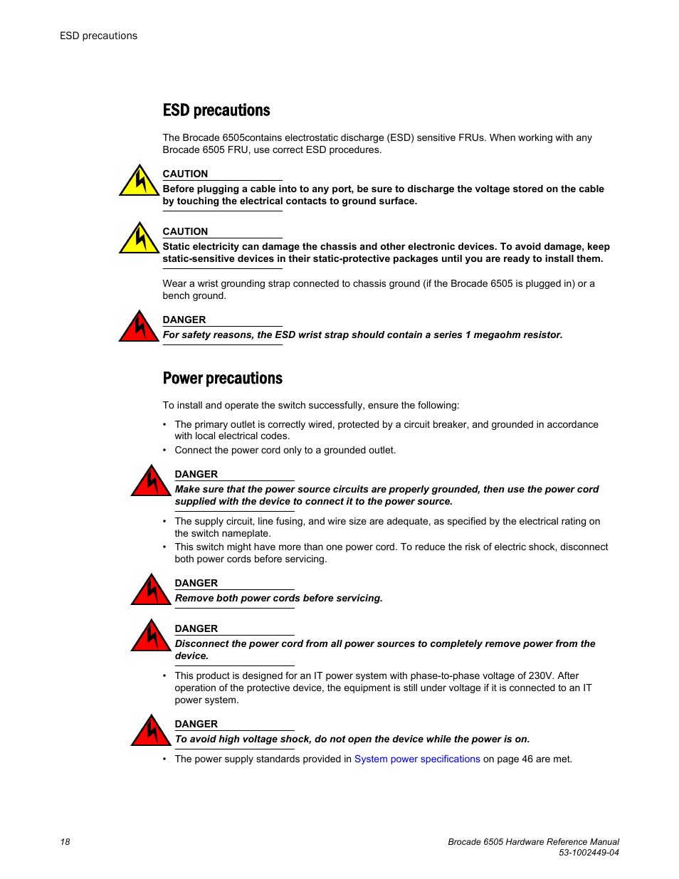 Esd precautions, Power precautions, Esd precautions power precautions | Brocade 6505 Hardware Reference Manual User Manual | Page 18 / 66
