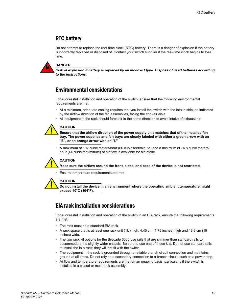 Rtc battery, Environmental considerations, Eia rack installation considerations | Brocade 6505 Hardware Reference Manual User Manual | Page 19 / 66