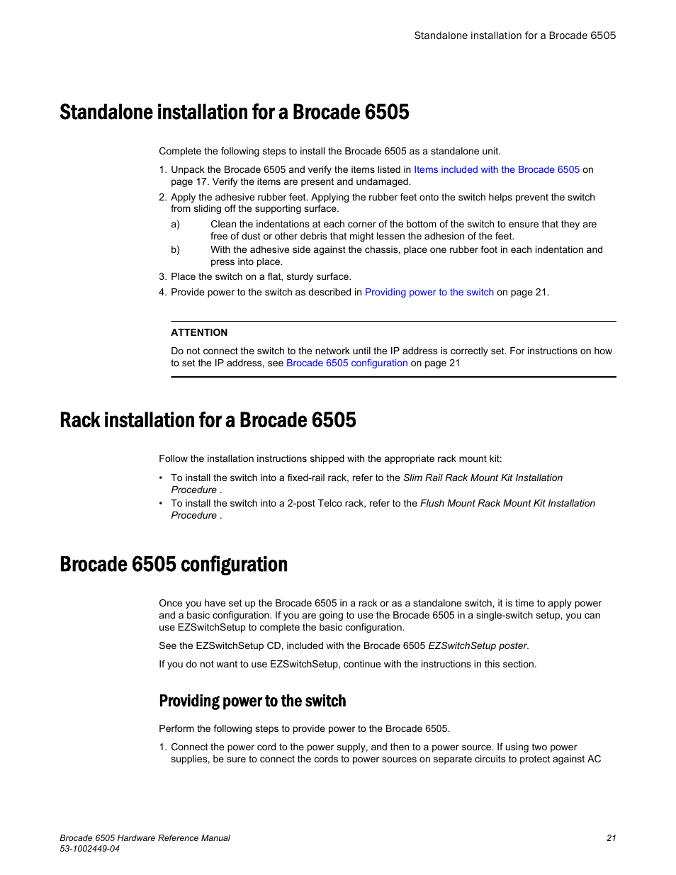 Standalone installation for a brocade 6505, Rack installation for a brocade 6505, Brocade 6505 configuration | Providing power to the switch | Brocade 6505 Hardware Reference Manual User Manual | Page 21 / 66