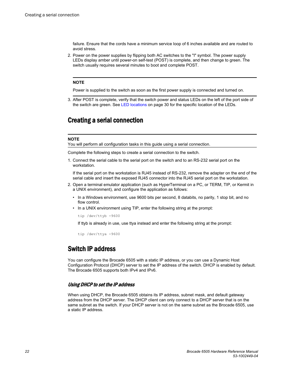 Creating a serial connection, Switch ip address, Using dhcp to set the ip address | Creating a serial connection switch ip address | Brocade 6505 Hardware Reference Manual User Manual | Page 22 / 66