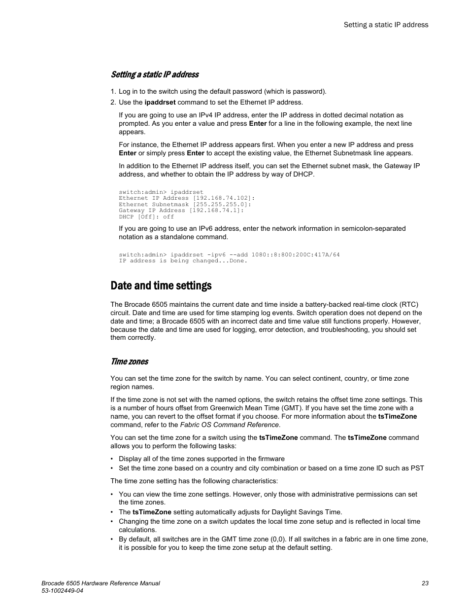Setting a static ip address, Date and time settings, Time zones | Brocade 6505 Hardware Reference Manual User Manual | Page 23 / 66
