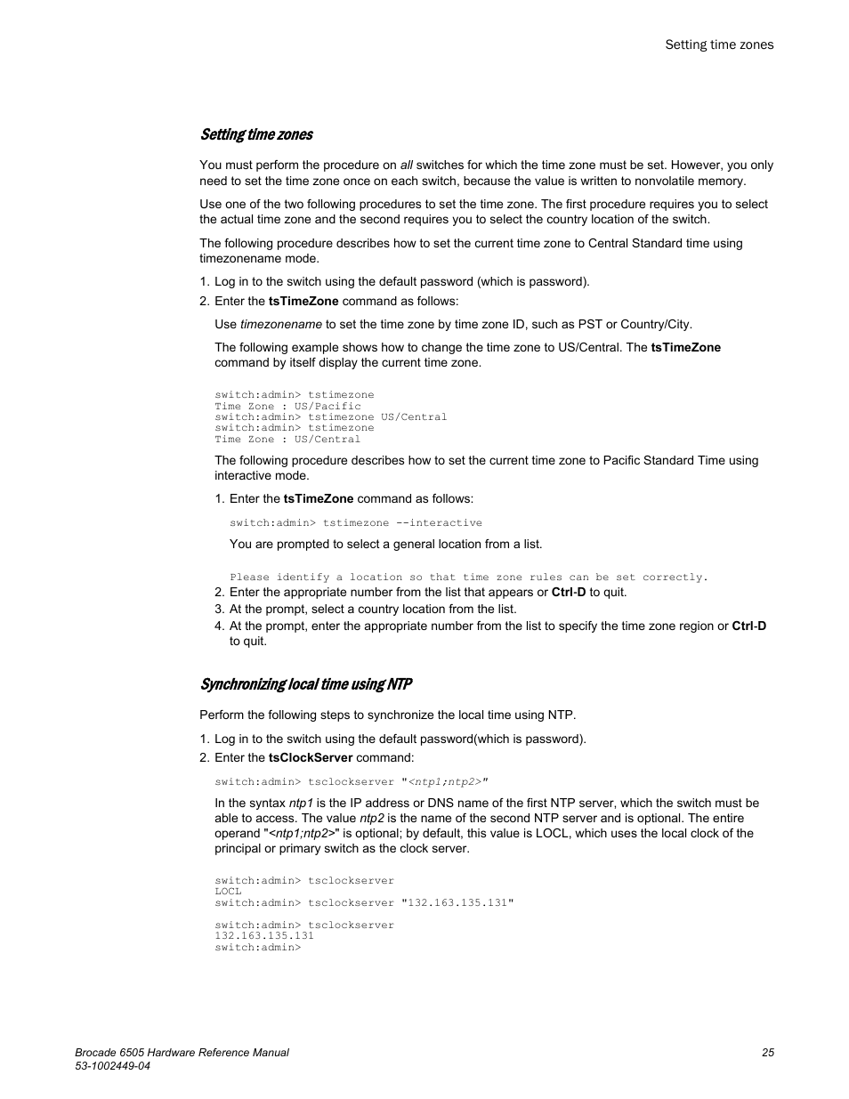 Setting time zones, Synchronizing local time using ntp | Brocade 6505 Hardware Reference Manual User Manual | Page 25 / 66