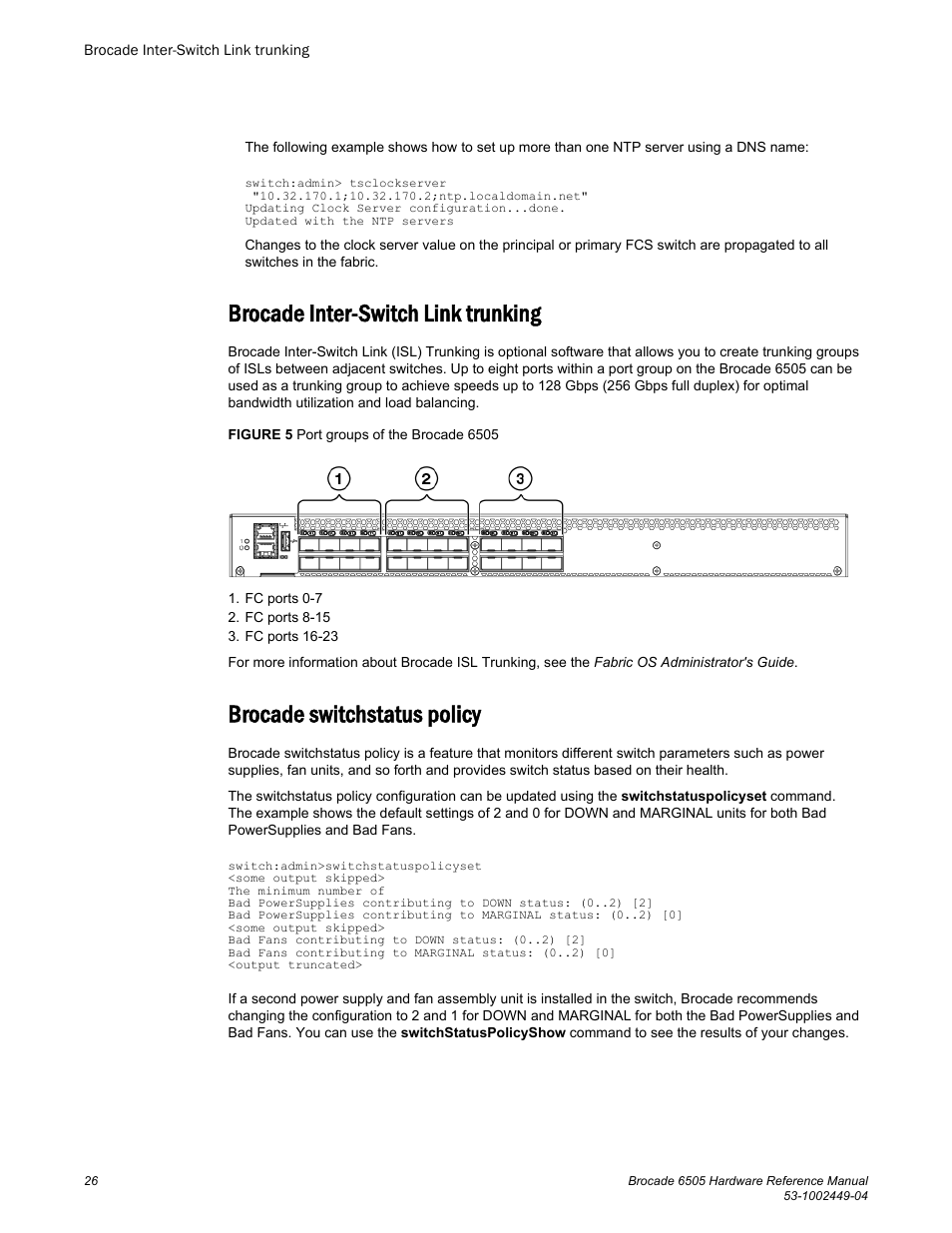 Brocade inter-switch link trunking, Brocade switchstatus policy | Brocade 6505 Hardware Reference Manual User Manual | Page 26 / 66