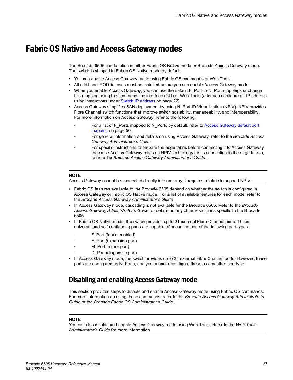 Fabric os native and access gateway modes, Disabling and enabling access gateway mode | Brocade 6505 Hardware Reference Manual User Manual | Page 27 / 66