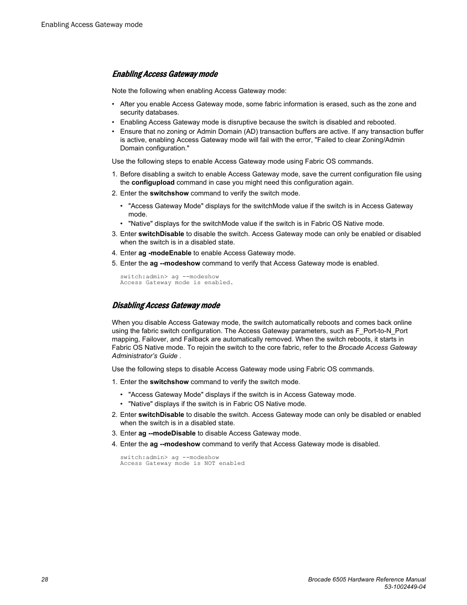 Enabling access gateway mode, Disabling access gateway mode | Brocade 6505 Hardware Reference Manual User Manual | Page 28 / 66