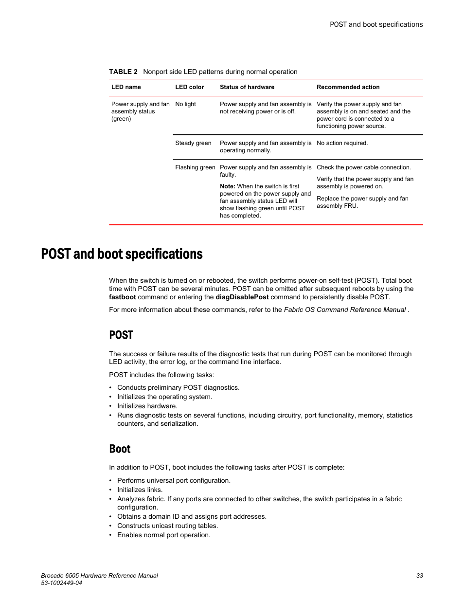 Post and boot specifications, Post, Boot | Post boot | Brocade 6505 Hardware Reference Manual User Manual | Page 33 / 66