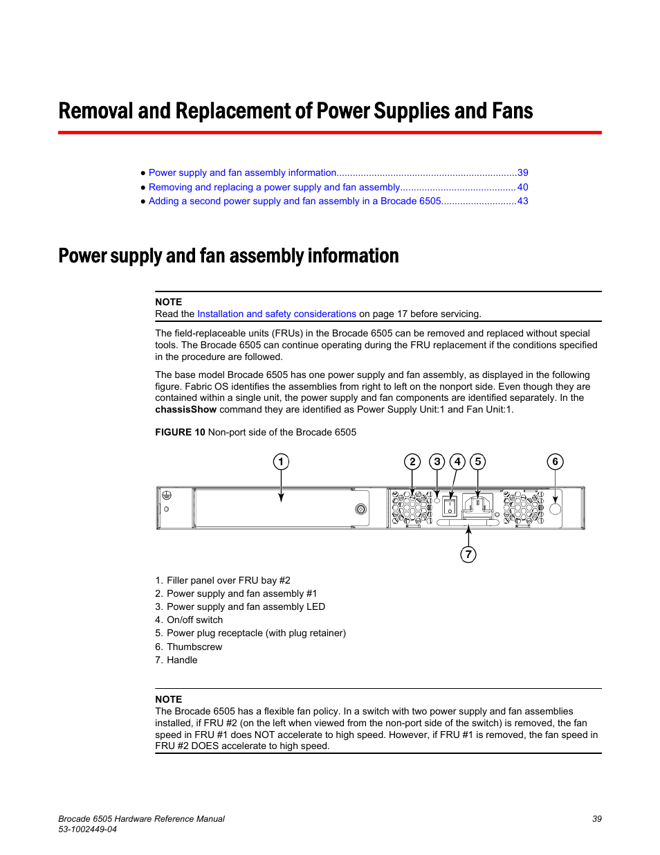 Removal and replacement of power supplies and fans, Power supply and fan assembly information | Brocade 6505 Hardware Reference Manual User Manual | Page 39 / 66