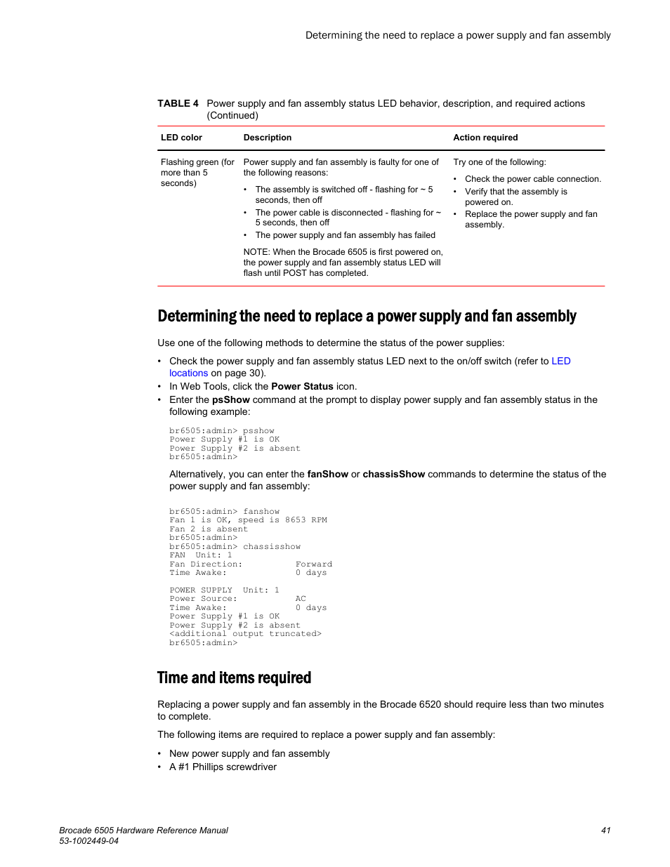 Time and items required, Assembly | Brocade 6505 Hardware Reference Manual User Manual | Page 41 / 66