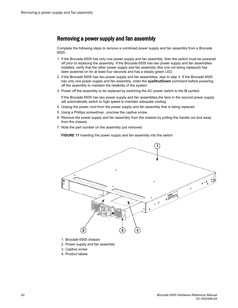 Removing a power supply and fan assembly | Brocade 6505 Hardware Reference Manual User Manual | Page 42 / 66