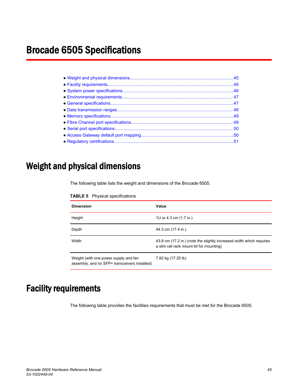 Brocade 6505 specifications, Weight and physical dimensions, Facility requirements | Brocade 6505 Hardware Reference Manual User Manual | Page 45 / 66