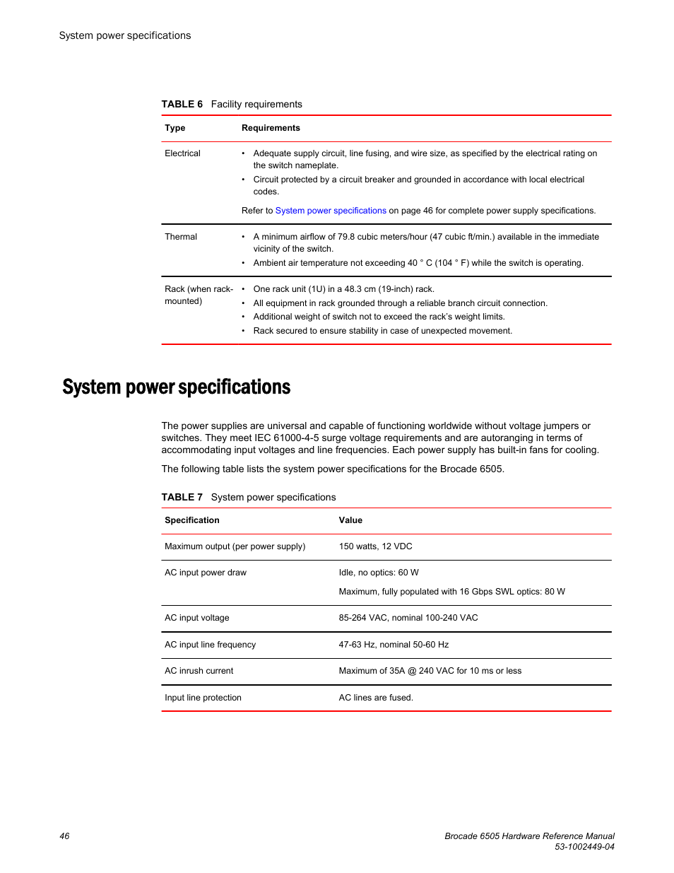 System power specifications | Brocade 6505 Hardware Reference Manual User Manual | Page 46 / 66