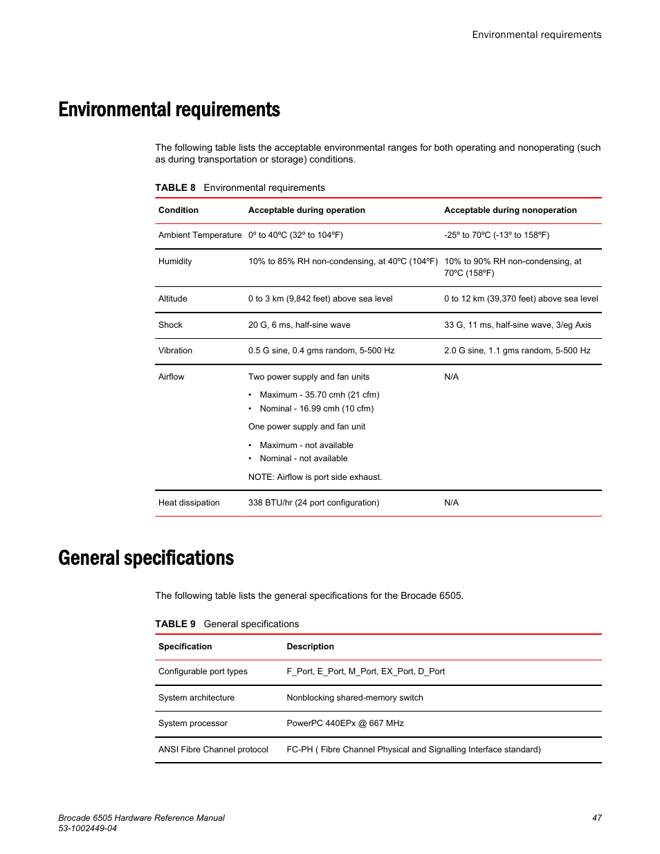 Environmental requirements, General specifications, Environmental requirements general specifications | Brocade 6505 Hardware Reference Manual User Manual | Page 47 / 66