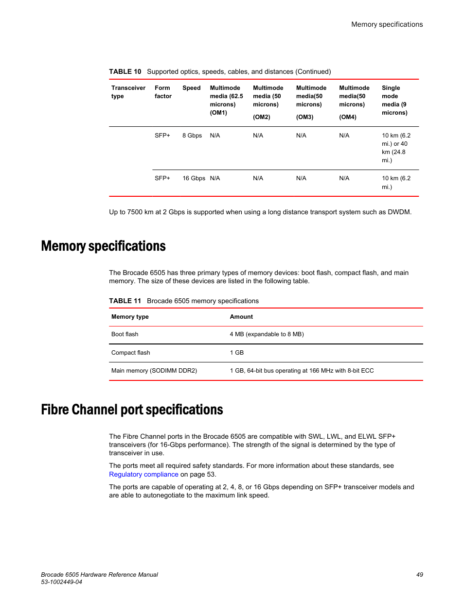 Memory specifications, Fibre channel port specifications | Brocade 6505 Hardware Reference Manual User Manual | Page 49 / 66