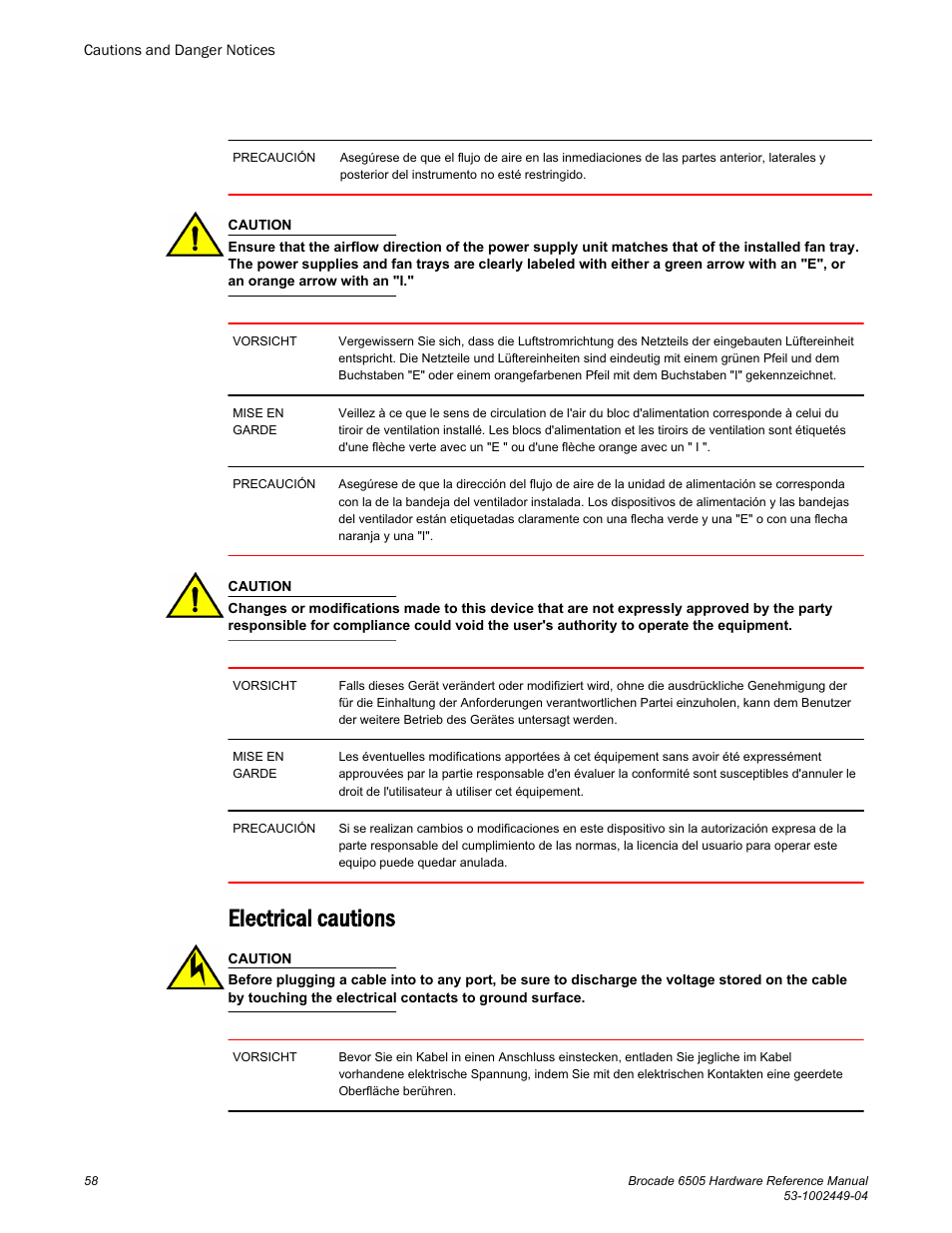 Electrical cautions | Brocade 6505 Hardware Reference Manual User Manual | Page 58 / 66