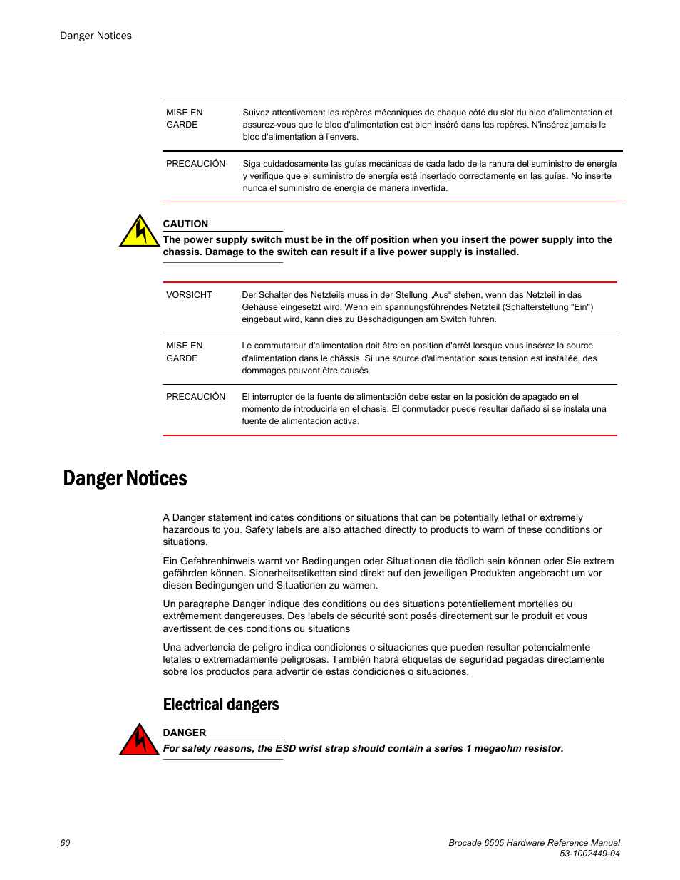 Danger notices, Electrical dangers | Brocade 6505 Hardware Reference Manual User Manual | Page 60 / 66