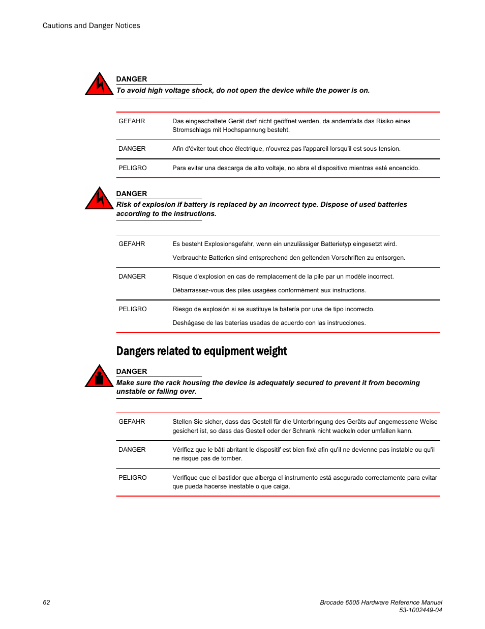 Dangers related to equipment weight | Brocade 6505 Hardware Reference Manual User Manual | Page 62 / 66