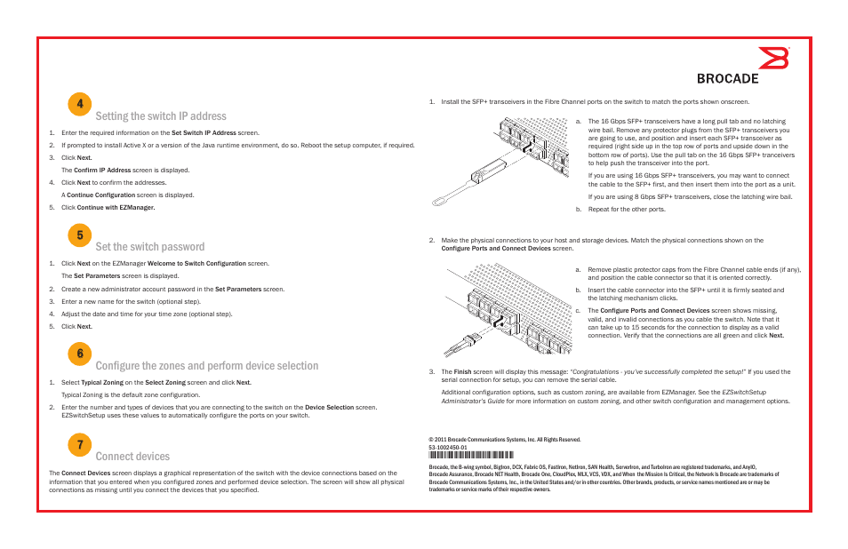 1002450-01_6505qsg_pg2, Setting the switch ip address 4, Set the switch password 5 | Configure the zones and perform device selection 6, Connect devices 7 | Brocade 6505 QuickStart Guide User Manual | Page 2 / 2