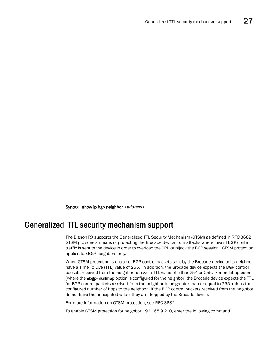 Generalized ttl security mechanism support | Brocade BigIron RX Series Configuration Guide User Manual | Page 1009 / 1550