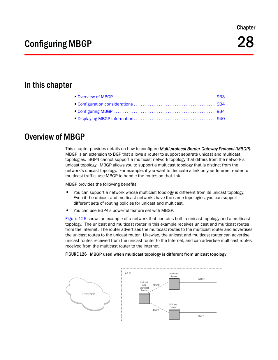 Configuring mbgp, Overview of mbgp, Chapter 28 | Configuring, Mbgp, Chapter | Brocade BigIron RX Series Configuration Guide User Manual | Page 1011 / 1550