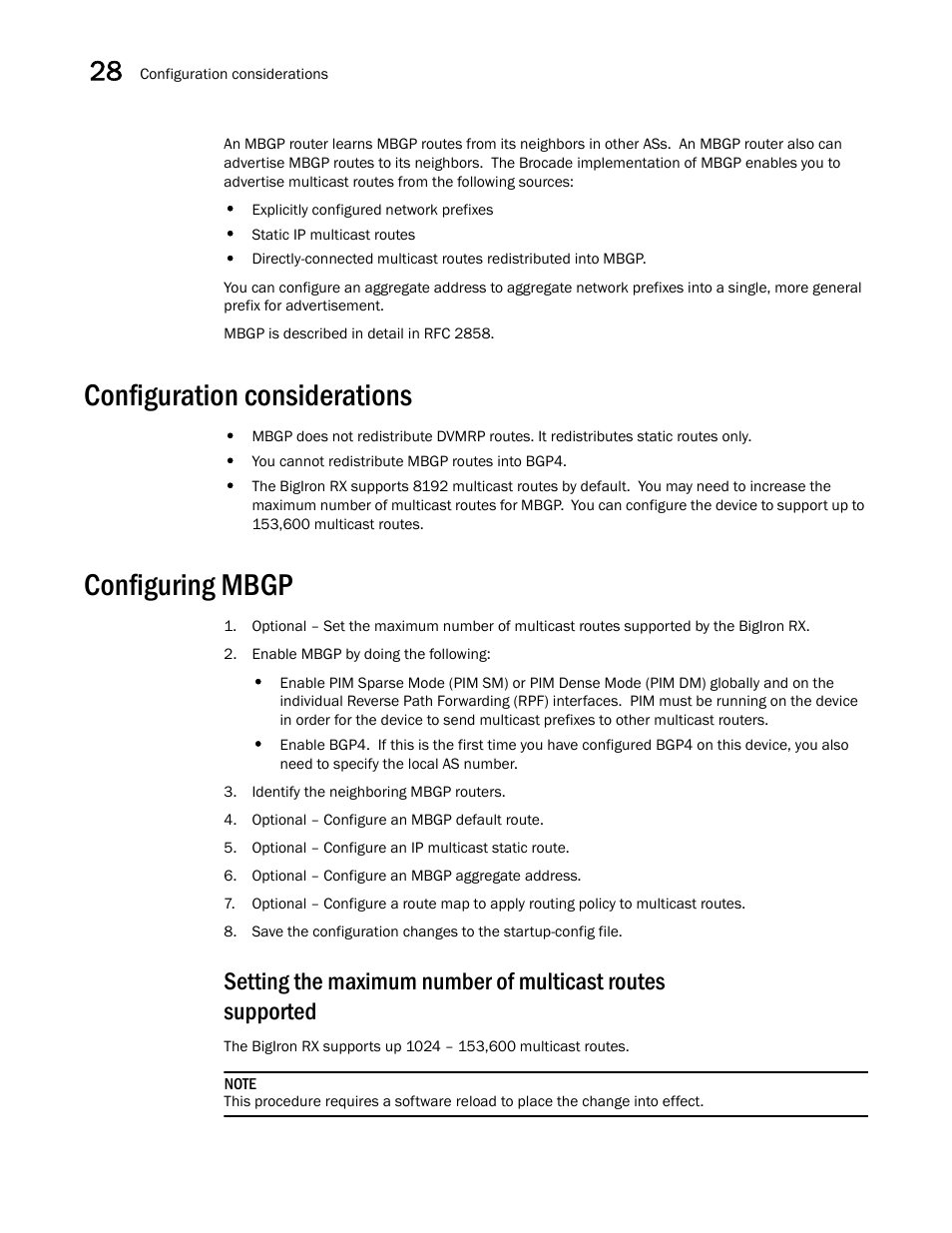 Configuration considerations, Configuring mbgp | Brocade BigIron RX Series Configuration Guide User Manual | Page 1012 / 1550