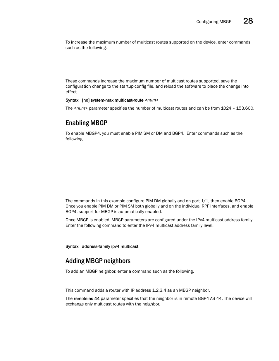 Enabling mbgp, Adding mbgp neighbors | Brocade BigIron RX Series Configuration Guide User Manual | Page 1013 / 1550