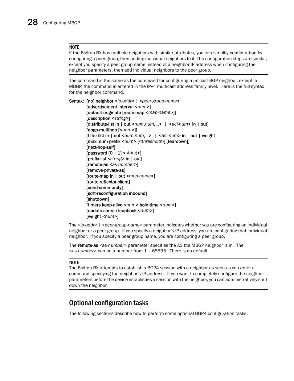 Optional configuration tasks | Brocade BigIron RX Series Configuration Guide User Manual | Page 1014 / 1550