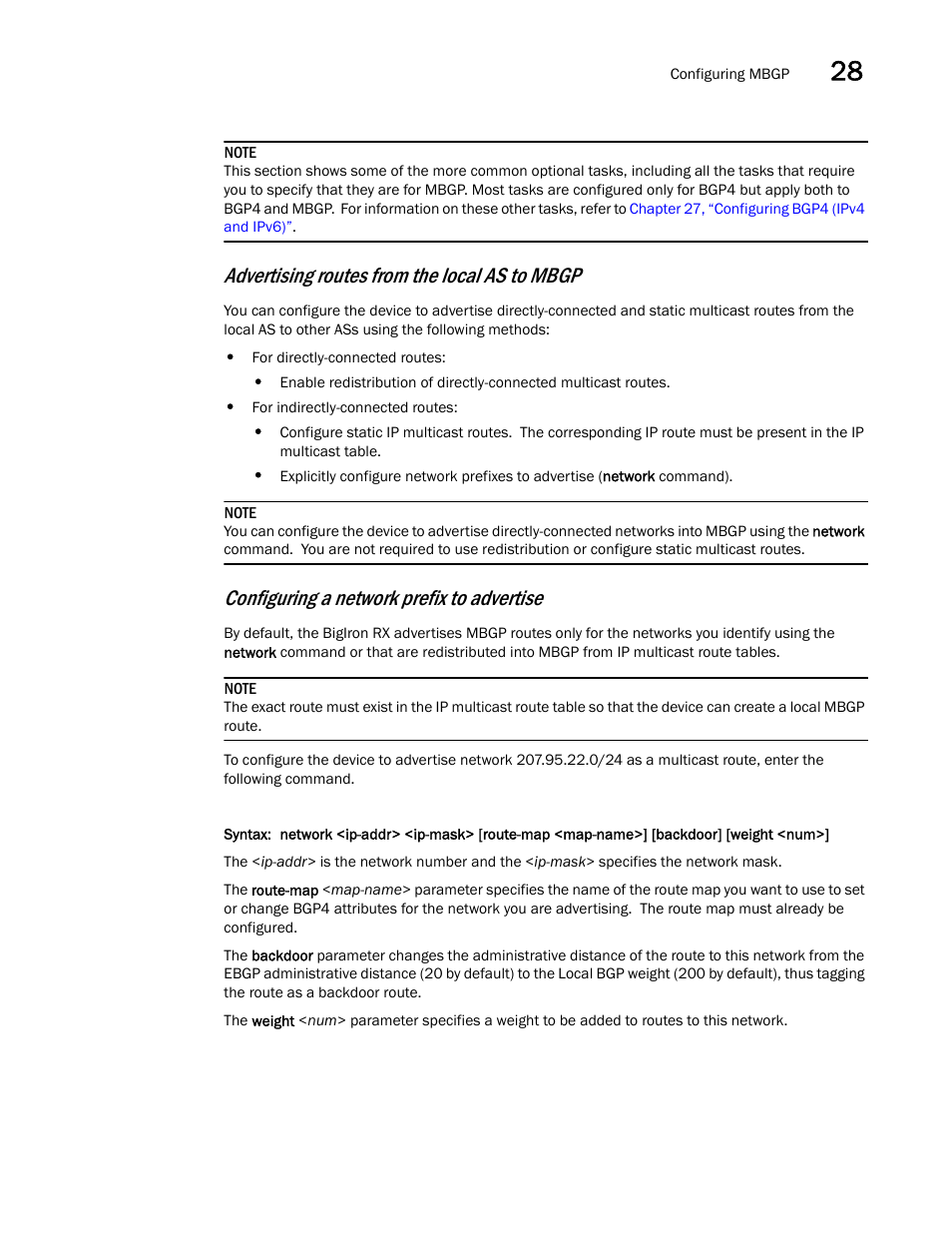 Advertising routes from the local as to mbgp, Configuring a network prefix to advertise | Brocade BigIron RX Series Configuration Guide User Manual | Page 1015 / 1550