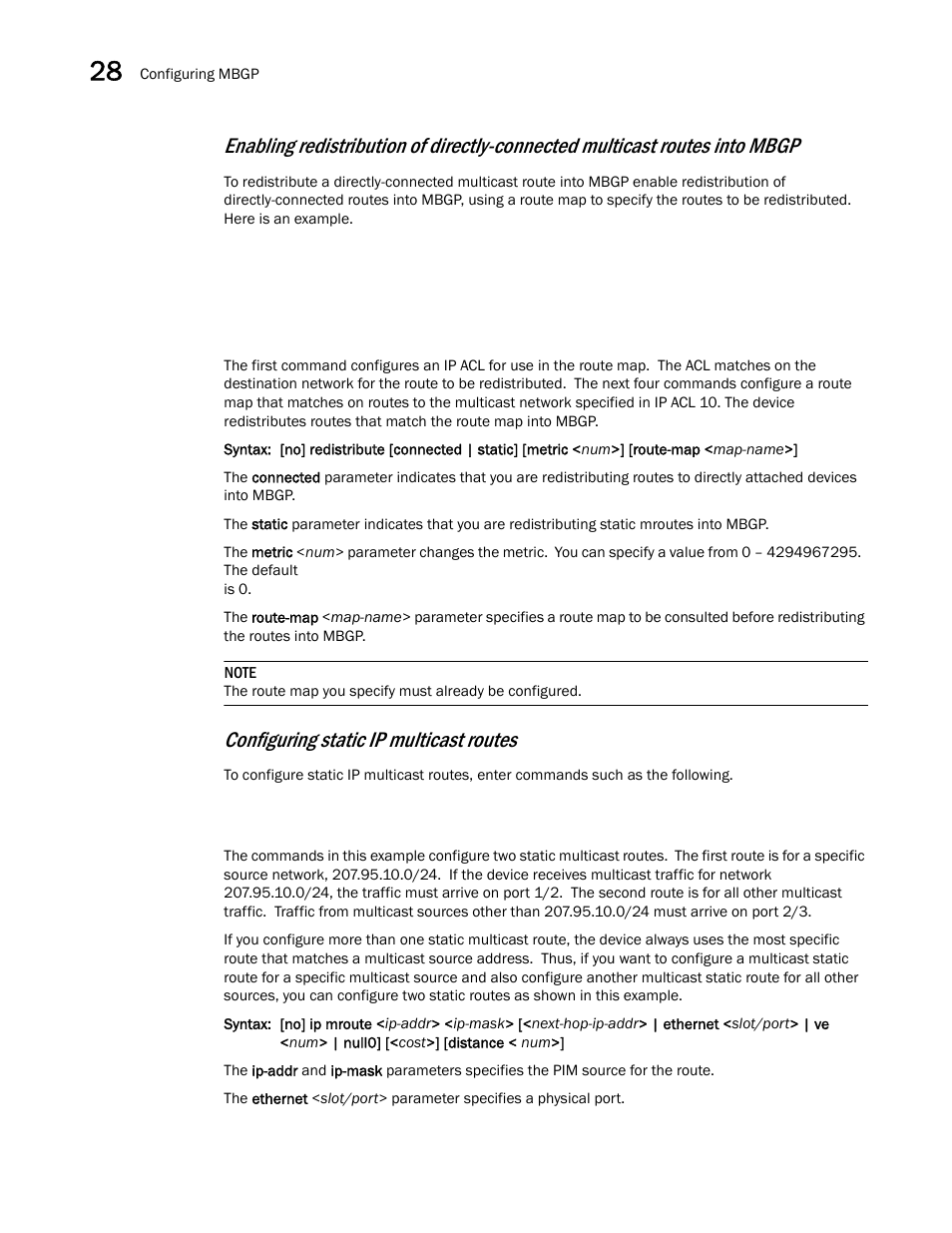 Configuring static ip multicast routes | Brocade BigIron RX Series Configuration Guide User Manual | Page 1016 / 1550