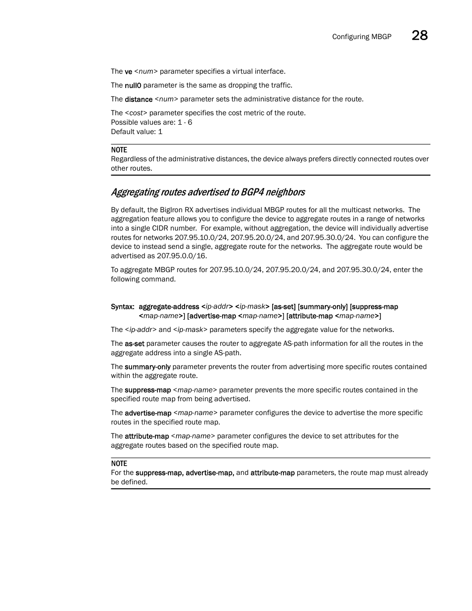 Aggregating routes advertised to bgp4 neighbors | Brocade BigIron RX Series Configuration Guide User Manual | Page 1017 / 1550