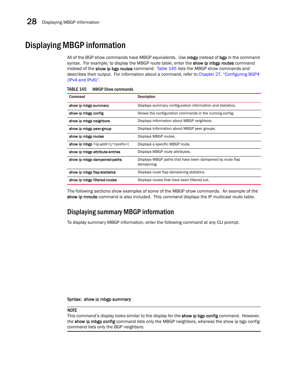 Displaying mbgp information, Displaying summary mbgp information | Brocade BigIron RX Series Configuration Guide User Manual | Page 1018 / 1550