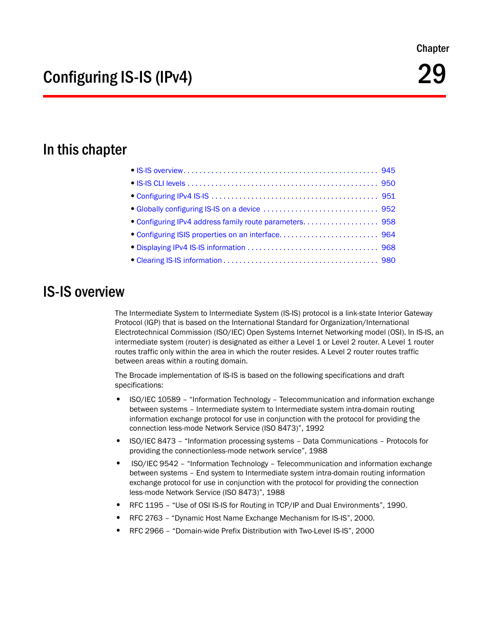 Configuring is-is (ipv4), Is-is overview, Chapter 29 | Brocade BigIron RX Series Configuration Guide User Manual | Page 1023 / 1550