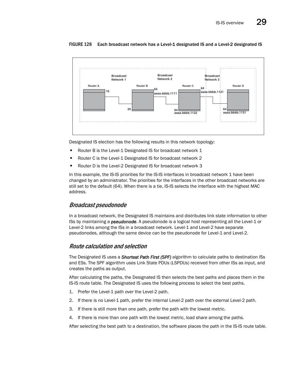 Figure 128, Broadcast pseudonode, Route calculation and selection | Brocade BigIron RX Series Configuration Guide User Manual | Page 1027 / 1550